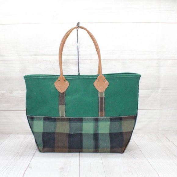 L.L. Bean Handbags - LL Bean Green Plaid Canvas Leather Handles Everyday Tote Bag